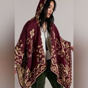 Free People Hooded Tapestry Knit Poncho Wrap NWT OS Burgundy Cream